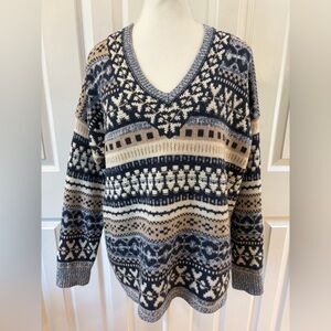 Madewell Blue and Tan Forrest Fair Isle Wool Blend V-Neck Sweater Size M
